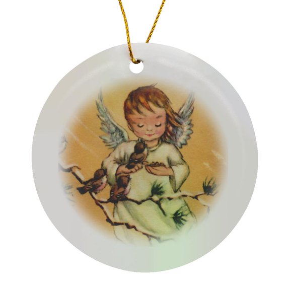 3drose, Angel Feeding Birds, Circle Porcelain Ornament