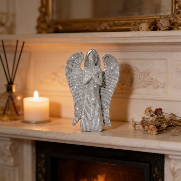 Angel Figurine - 6.1 Inch Resin Beaded Textured Angel Statue, Modern Home Decor Sculpture for Sympathy Gift, Religious Decor - Silver
