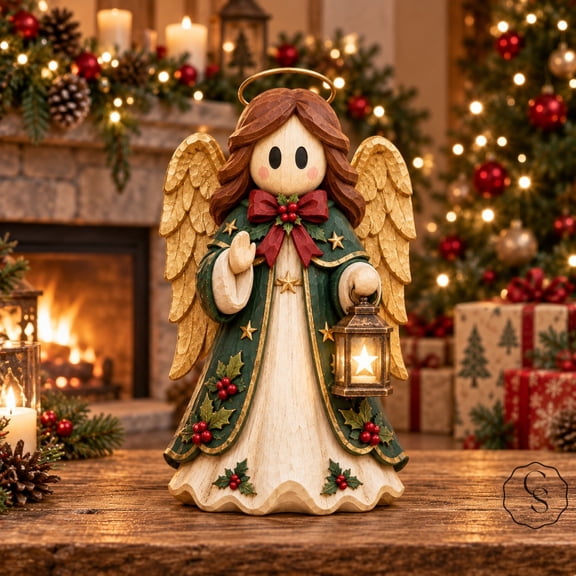 Angel Figurine Christmas Blessing 3-Layer Wooden Block for Mantel Display, Holiday Gift