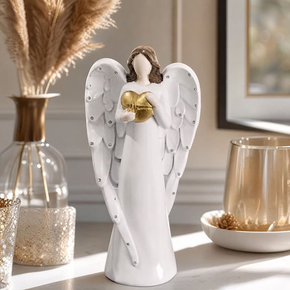 Angel Figurine, Heart Tabletop Statue, A Standing Winged Figure Holding a Metallic Gold Heart, 4.72 Inch Graceful Winged Sculpture for Shelf Desk and Remembrance Decor for Gift Displays