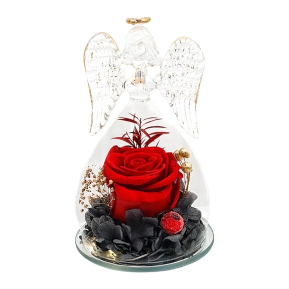 Angel Figurine with Preserved Roses in Glass Dome & Warm Light, Eternal Preserved Real Rose in Glass Dome with Angel Figurine, Valentine's Anniversary Birthday Gift for Women Mom Grandma