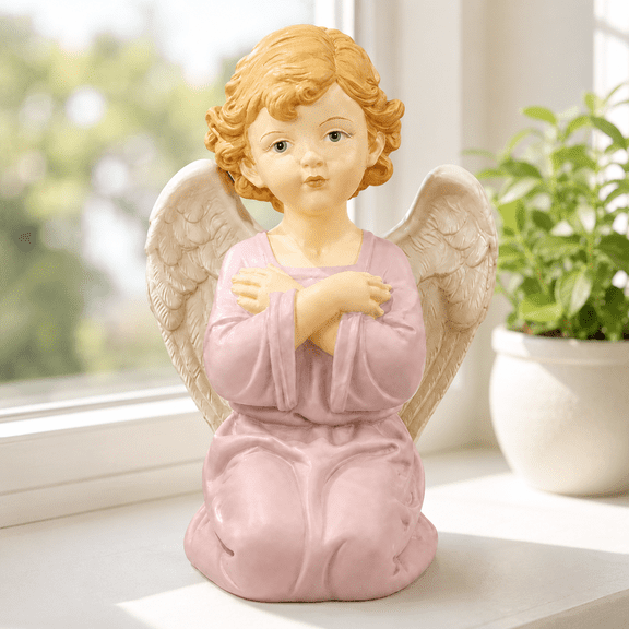 Resin Angel Figurine 5.32" – Kneeling Guardian Angel Statue with Soft Pastel Finish, Delicate Wings, Sweet Expression – Home Décor, Gift for Loved Ones, Prayer & Memorial Display