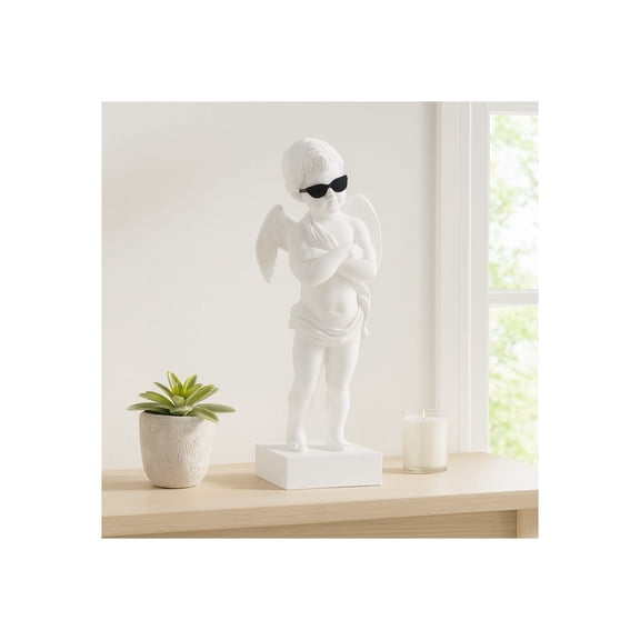 Angel Figurine Statue - Polyresin Cherub Sculpture with Sunglasses - Modern Home Decor for Office, Living Room & Bedroom - 11" White