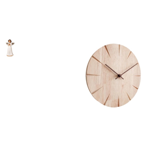 Angel Figurine Wall Clock Sculpture Resin Craft Solid Wood Round Design for Living Room Office Decor