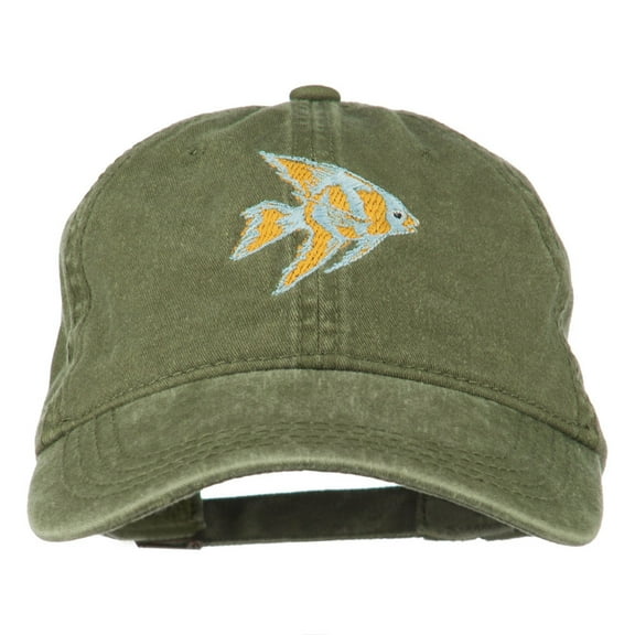 Angel Fish Embroidered Washed Dyed Cap - Olive Green OSFM