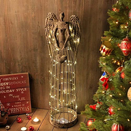 Angel Garden Statue with Heart, Outdoor Antiqued Metal Yard Art Decor Lawn Patio Decorations Garden Trellis for Climbing Plants Potted Vines Ivy Roses Gift Idea For Christmas, 32