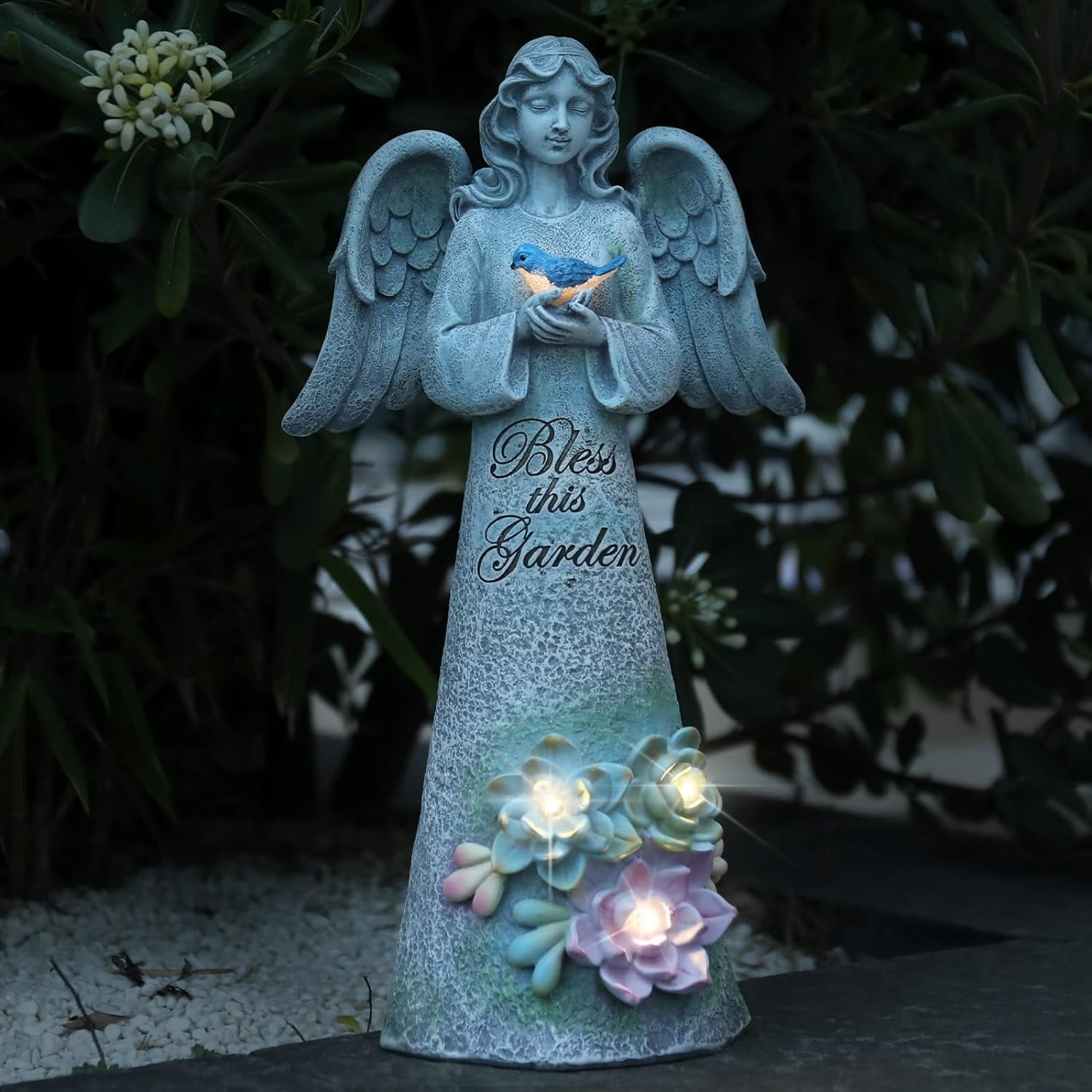 Angel Garden Statue Outdoor Decor, Angel Garden Holding Bird with Solar ...