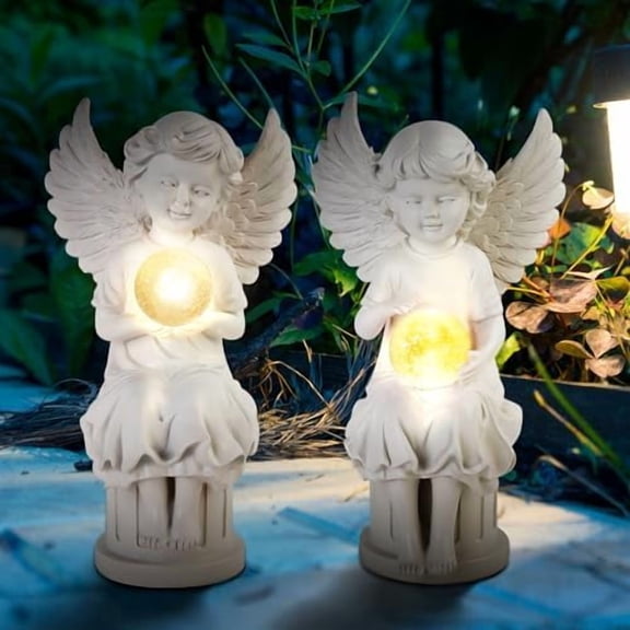 Angel Garden Statues Decor with Solar Light for Outside, 2Pcs Outdoor Cherub Figurines with Wing & Glass Ball, Patio, Balcony, Lawn Ornaments Housewarming Sculpture Gifts for Mom Grandma Women