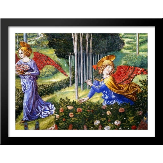 Angel Gathering Flowers in a Heavenly Landscape (detail) 36x28 Large Black Wood Framed Print Art by Benozzo Gozzoli