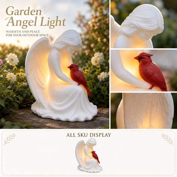 Angel Girl with Cardinal Bird Solar Garden Light, Kneeling Angel Figurine with Cardinal Solar LED Light, Resin Decor for Home Table Garden Yard Remembrance Gift