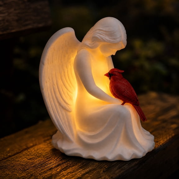 Angel Girl with Cardinal Bird Solar Garden Light, Solar Powered Warm LED Resin Angel Statue, Red Cardinal Bird Decor for Indoor Outdoor Patio Yard Home Decor