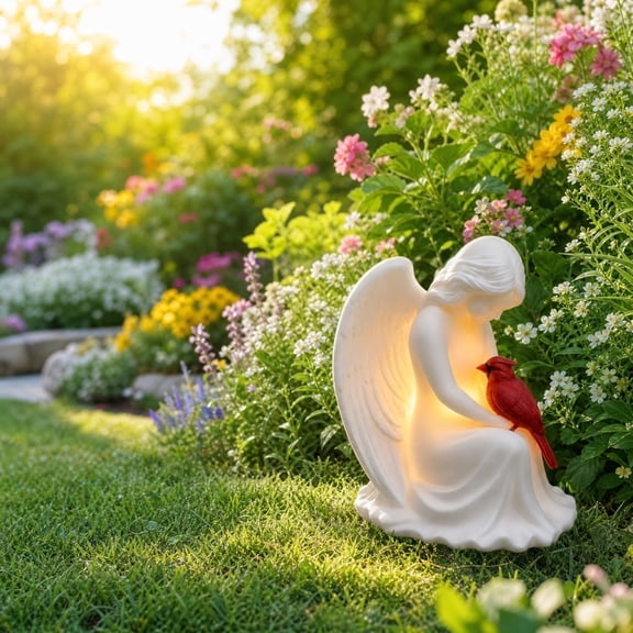 Angel Girl with Cardinal Bird Solar Garden Light, Solar Warm Glow Resin Angel Statue with Red Bird, Auto Dusk Dawn Decorative Light for Patio Lawn Yard Sympathy Gift