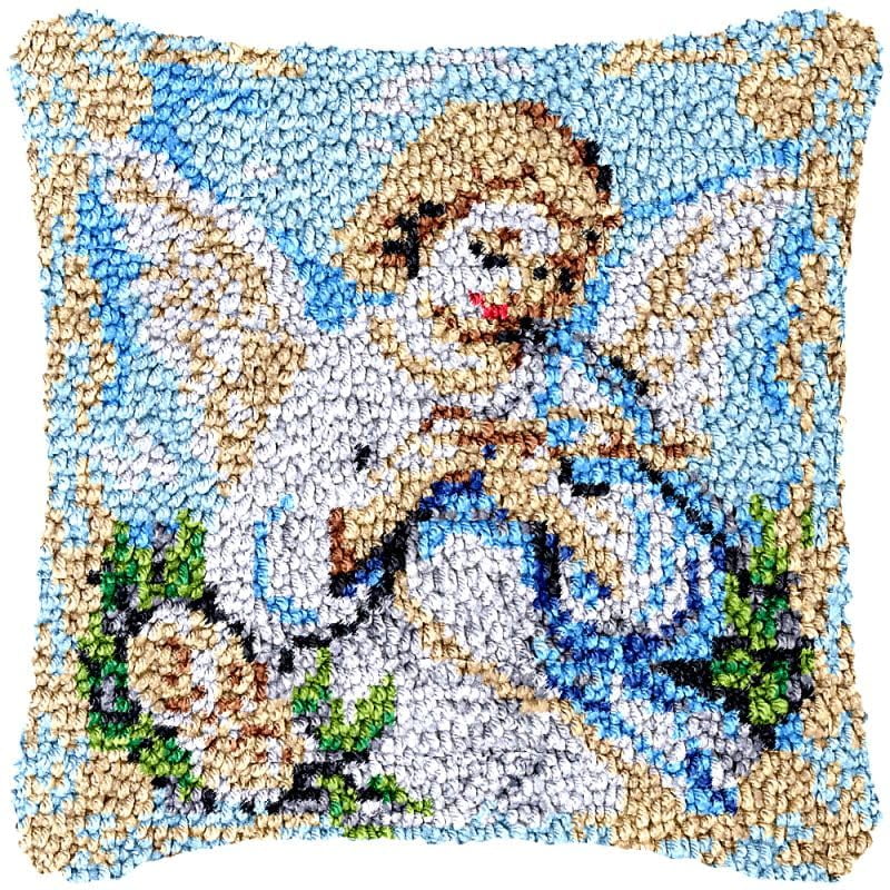 Angel Girl Latch Hook Pillow Cover Kits for DIY Handmade Throw Pillow Cross Stitch Latch Hook Pillowcase Rug Kits with Preprinted Color Pattern Canvas Crochet Yarn Kits 17''X 17''(fv69)