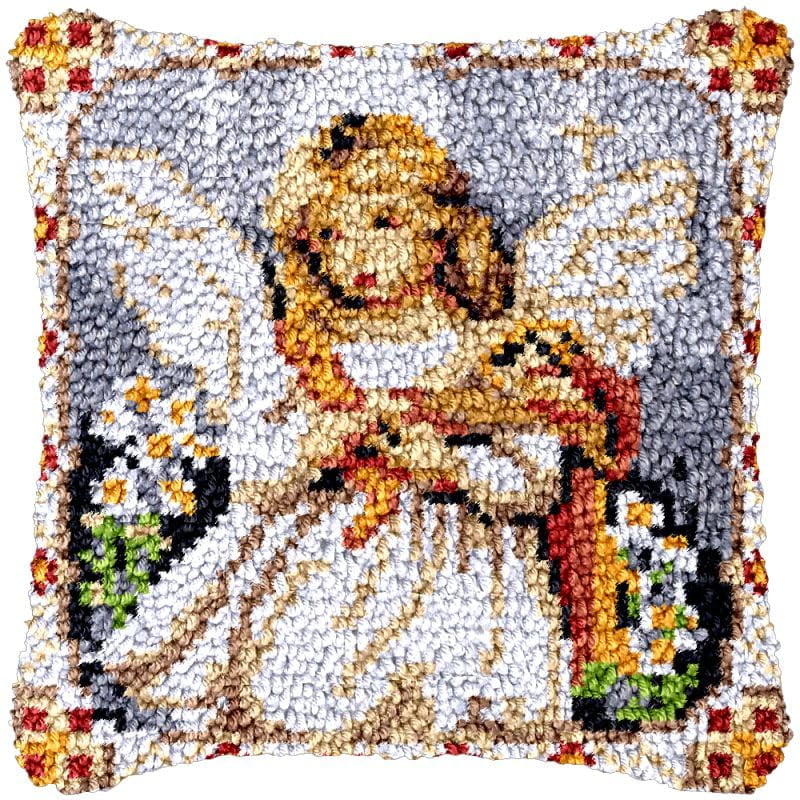 Angel Girl Latch Hook Pillow Cover Kits for Needlework Cushion Throw Pillow Cross Stitch Crochet Hook Pillowcase Rug Kits Printed Canvas Crochet Yarn Kits Needlework 17'' X 17''