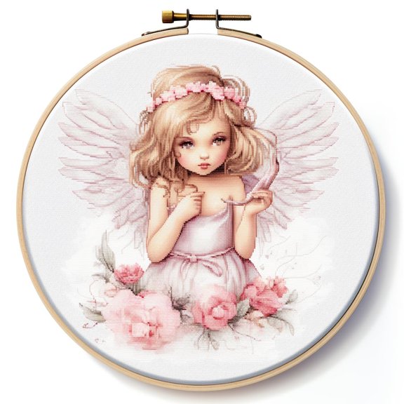 Angel Girl with Wings DIY Stamped Cross Stitch Kits for Beginners Easy with Hoop 11CT Needlepoint Embroidery Counted Cross Stitch Kits Art Craft Wall Decor and Gift 35x35cm(4)