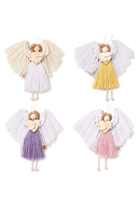 Angel Handmade Woven Macrame Cotton Thread Pendant Decorations with Wood Beads for Home Decorations Mixed Color 235mm DIY