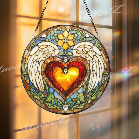 Angel Heart Glass Suncatcher, Winged Love Window Hanging, Romantic Decor, 3.5 in