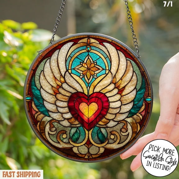 Angel Heart Stain Glass Suncatcher, Winged Love Glass Window Hanging,, Suncatcher Window Hanging, 3.5 in