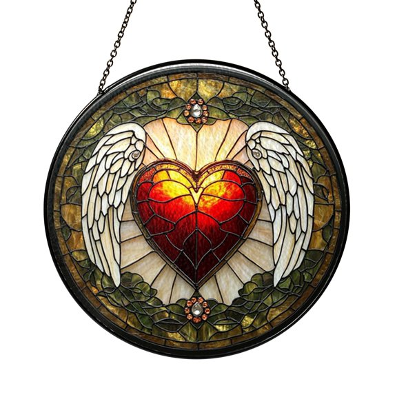 Angel Heart Stained Glass Suncatcher Window Hanging, Winged Heart Inspired Window Decor for Home