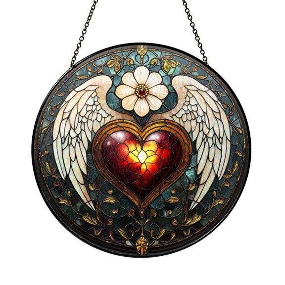Angel Heart Stained Glass Suncatcher, Winged Heart Window Hanging Decor Featuring Symmetrical Wings and Central Heart Design