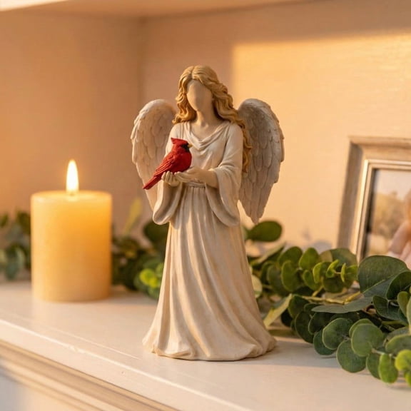 Angel Holding Cardinal Memorial Statue, 6" Hand-Painted Resin Figurine, Sympathy Gift for Loss of Loved One, Bereavement Home Decor