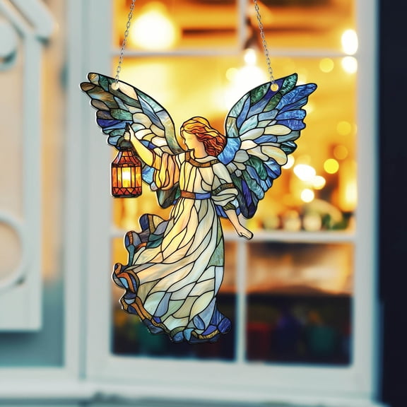 Angel Holding Lantern Window Hanging, Stained Glass Design, Handcrafted Christmas Decoration, Unique Home Decor, Beautiful Gift for Christmas, Perfect Ornament for Window