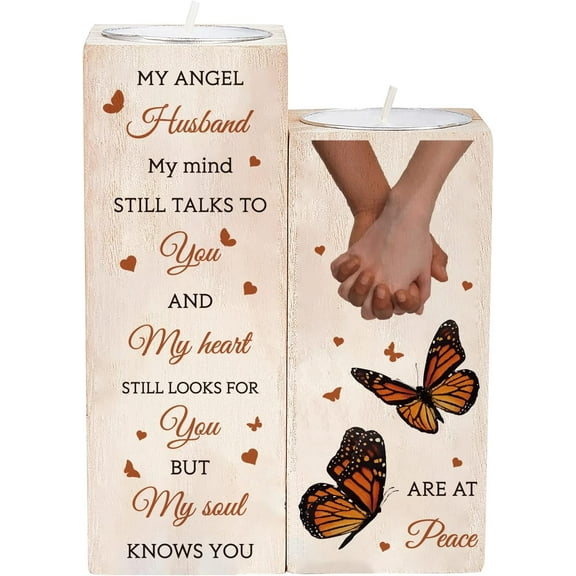 to My Angel Husband Personalized Tealight Candle Holder Hold Hands Pattern Memorial Theme Wooden Candle Holder Set Candlestick Holders with 2 Tealights for Memorial Candle Holder
