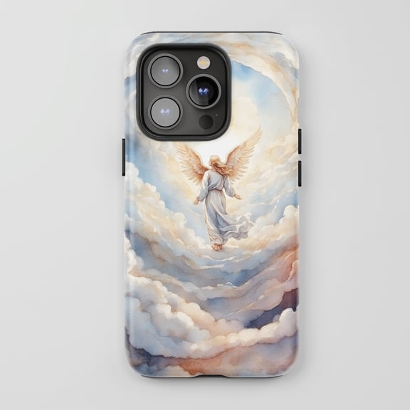 Angel In Clouds For All iPhone Series Tough Phone Case Watercolor Fantasy Sky Blue Tan
