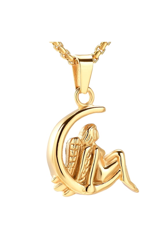 Angel In The Moon Cremation Jewelry for Ashes Moon Urn Necklace Stainless Steel Memorial Lockets