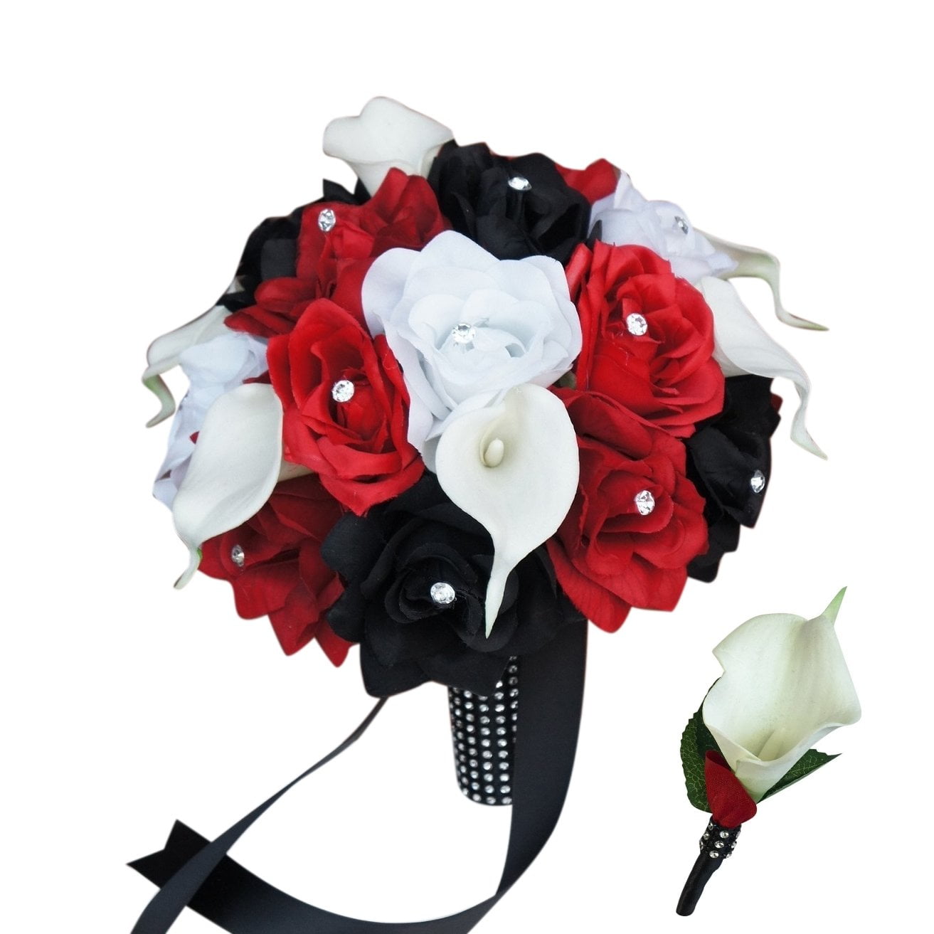 Angel Isabella Bouquet \u0026 Boutonniere Set:Black and Red Rose and White Calla  Lily Bridal Wedding - Walmart.com, image size:1313x1313