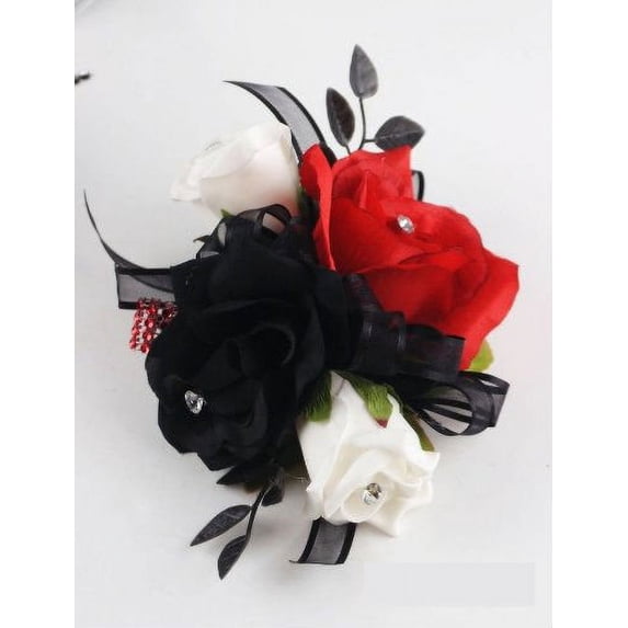 Angel Isabella Wrist Corsage - Black, White and Red Roses