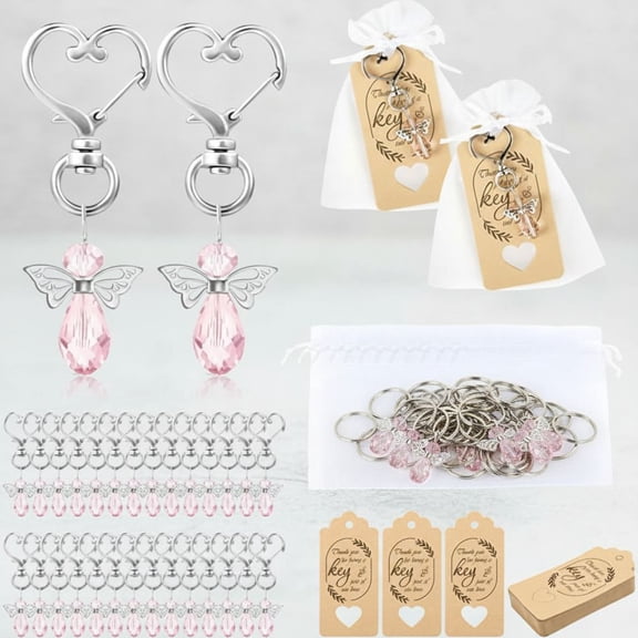 Angel Keychains with White Organza Bags & Gift Tags for 30 Guests, Baby Shower Guest Gifts Baptism Favors Wedding Favors for Guests, Pink