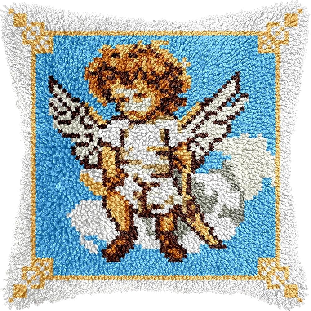 Angel Kid Latch Hook Pillow Kits for DIY Handmade Throw Pillow Cushion Embroidery Latch Hooking Pillowcase Kits with Preprinted Canvas Crochet Yarn Kits 17''X 17''(g123)