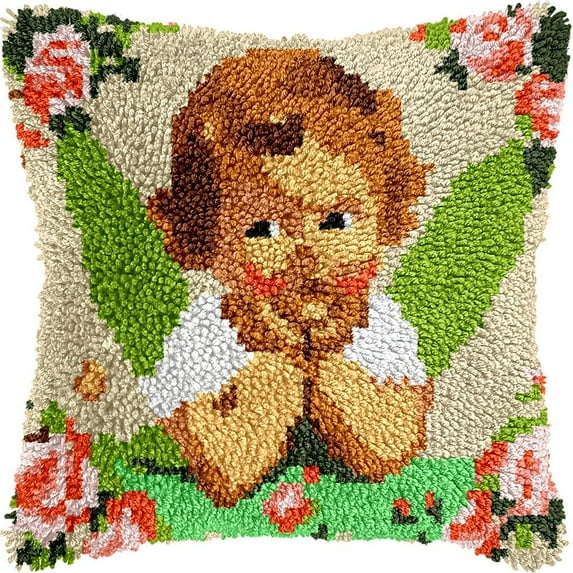 Angel Kid Latch Hook Pillow Kits Pillow Cover Latch Hook Crafts Crochet Knitted Hooking Pillowcase Cushion Crafts Embroidery Latch Hooking Kits Material Set 17x17 inch(170)