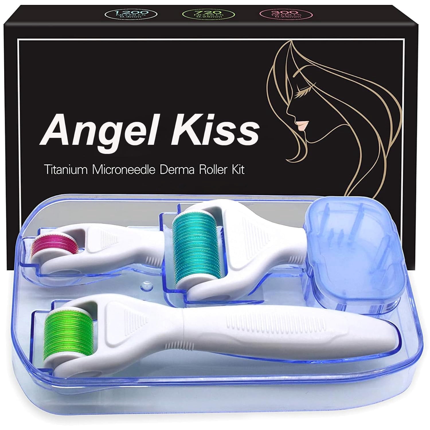 Angel Kiss 4 in 1 Derma Roller for Face and Body - Titanium Microneedling Roller Kit - 300/720 Needles 0.25mm,1200 Needle 0.3mm