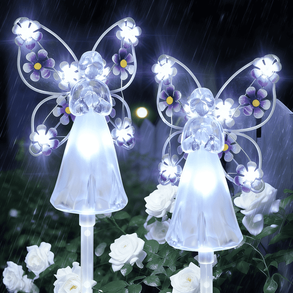 2 Pack Solar Lights Outdoor, Solar Angel Statue, Waterproof Solar Garden Lights, Pathway Lights with 14 Purple LEDs, Grave Decorations for Cemetery, Garden Statue