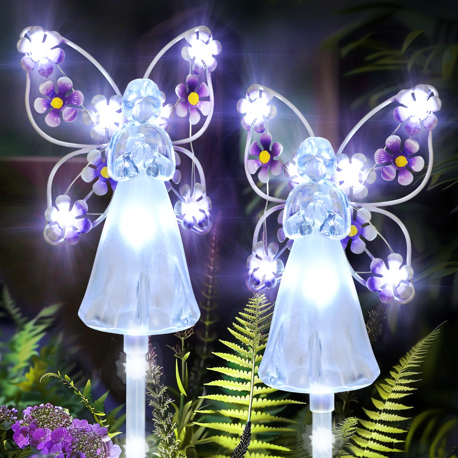 2 Pack Garden Solar Lights,Angel Statue Light with 14 LED,Waterproof Solar Angel Statue,Angel Garden Stake Lights for Lawn Garden Gift Cemetery Holiday,Purple