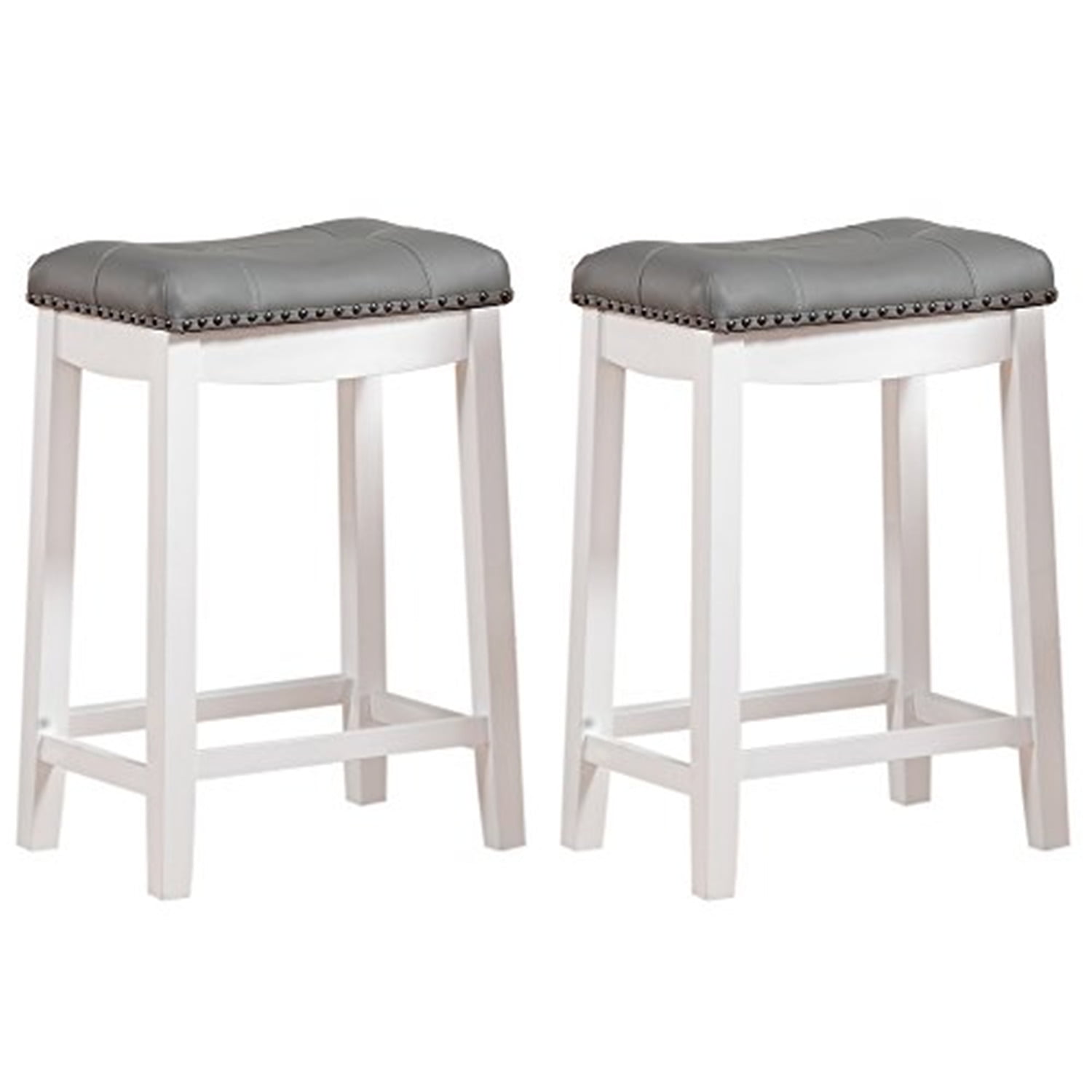 Cambridge 24" White Wood Saddle Stool with Gray Cushion, Set of 2