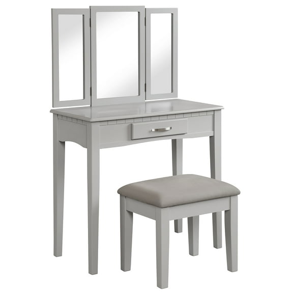 Angel Line Ella Vanity Table and Stool Set w/ Tri-Folding Mirror, Gray w/ Gray Cushion