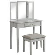 Angel Line Ella Vanity Table and Stool Set w/ Tri-Folding Mirror, Gray w/ Gray Cushion