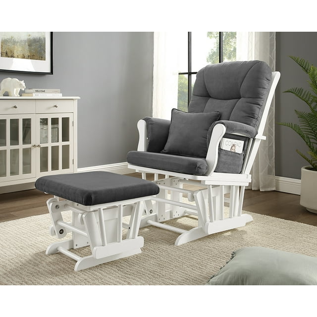 Angel Line Monterey II Glider and Ottoman, White Finish with Dark Gray Cushions