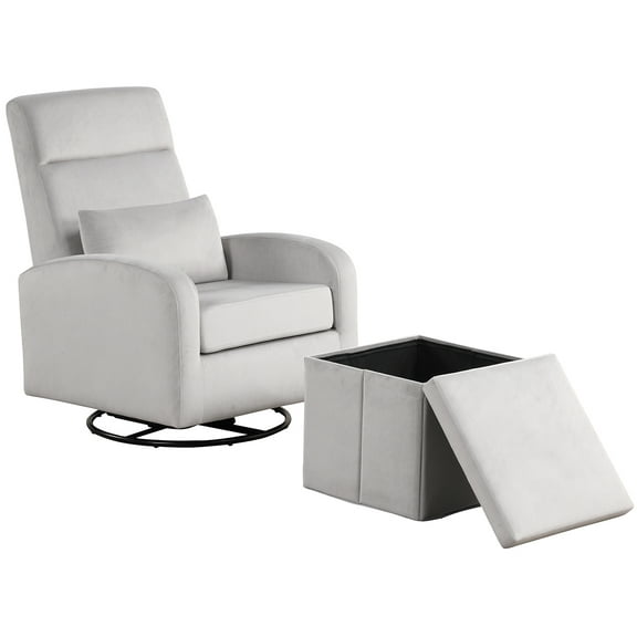 Angel Line Sonia Upholstered Swivel Glider w/ Storage Ottoman, Grey
