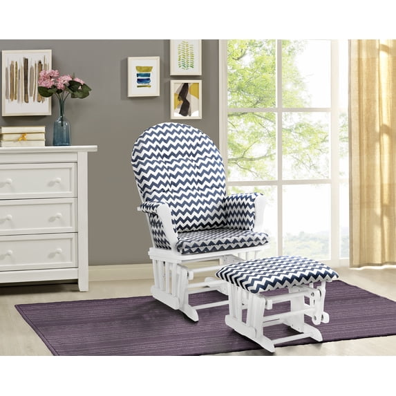 Angel Line Windsor Glider and Ottoman, White Finish with Navy Chevron Cushions