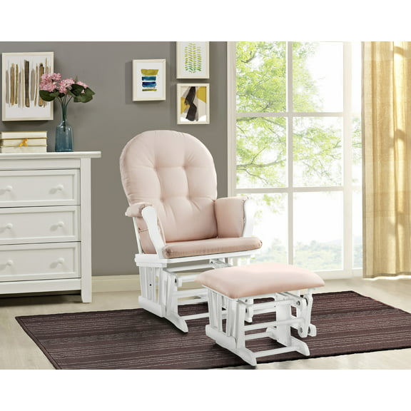 Angel Line Windsor Glider and Ottoman, White Finish with Pink Cushions