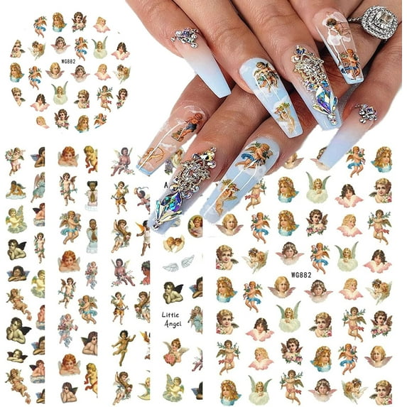 Angel Nail Stickers, 5 Sheets 3D Self Adhesive Angel Pattern Nail Art Decals Baby Angel Love Rose Wings Heart Stickers for DIY Nail Art Decoration Accessory