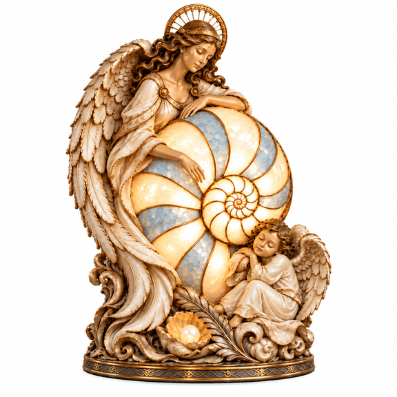 Angel Nautilus Conch Table Lamp Decor, Angel & Sleeping Child Resin Figurine Night Light, Vintage Shell Glowing Statue for Bedroom Living Room Tabletop Home Ornament