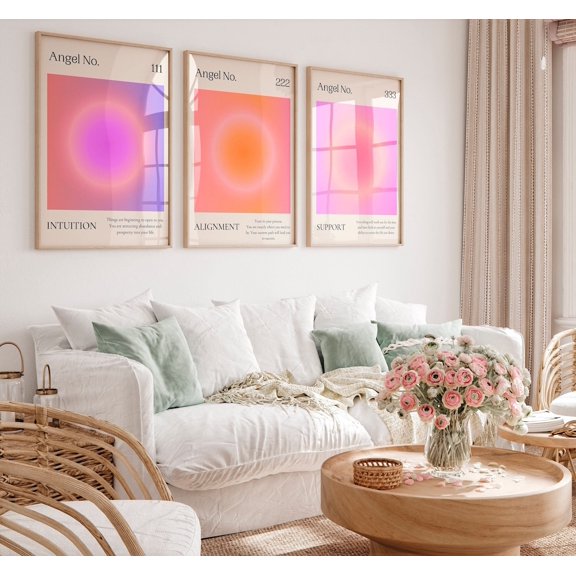 Angel Number Aura Prints Set 111, 222, 333 Gradient Wall Art Spiritual Decor (), Stretched Canvas