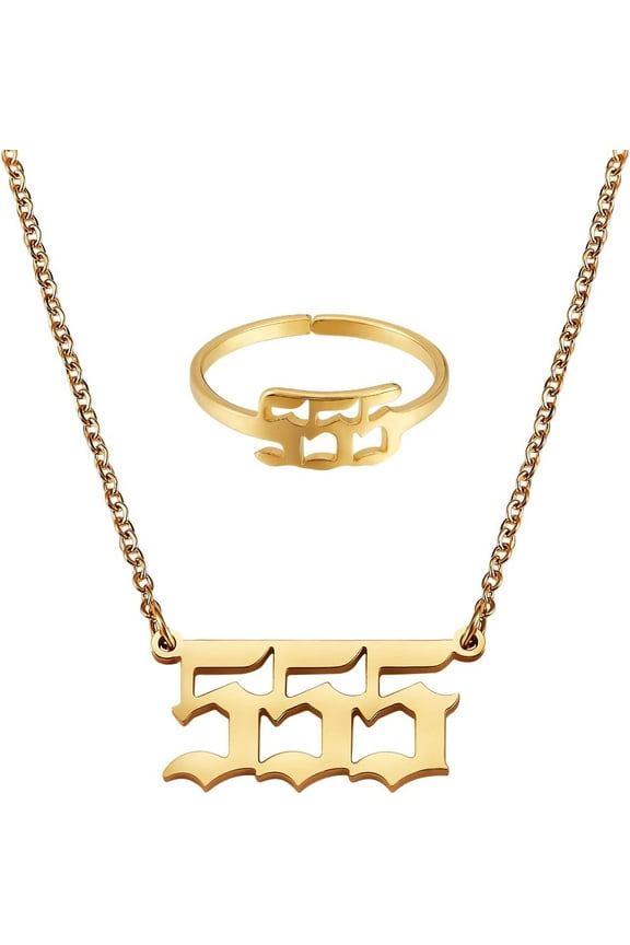 Angel Number Necklaces and Rings Set Lucky Number 555 Pendants Choker Golden Neck Chain Ring Numerology Jewelry Set Gift for Women
