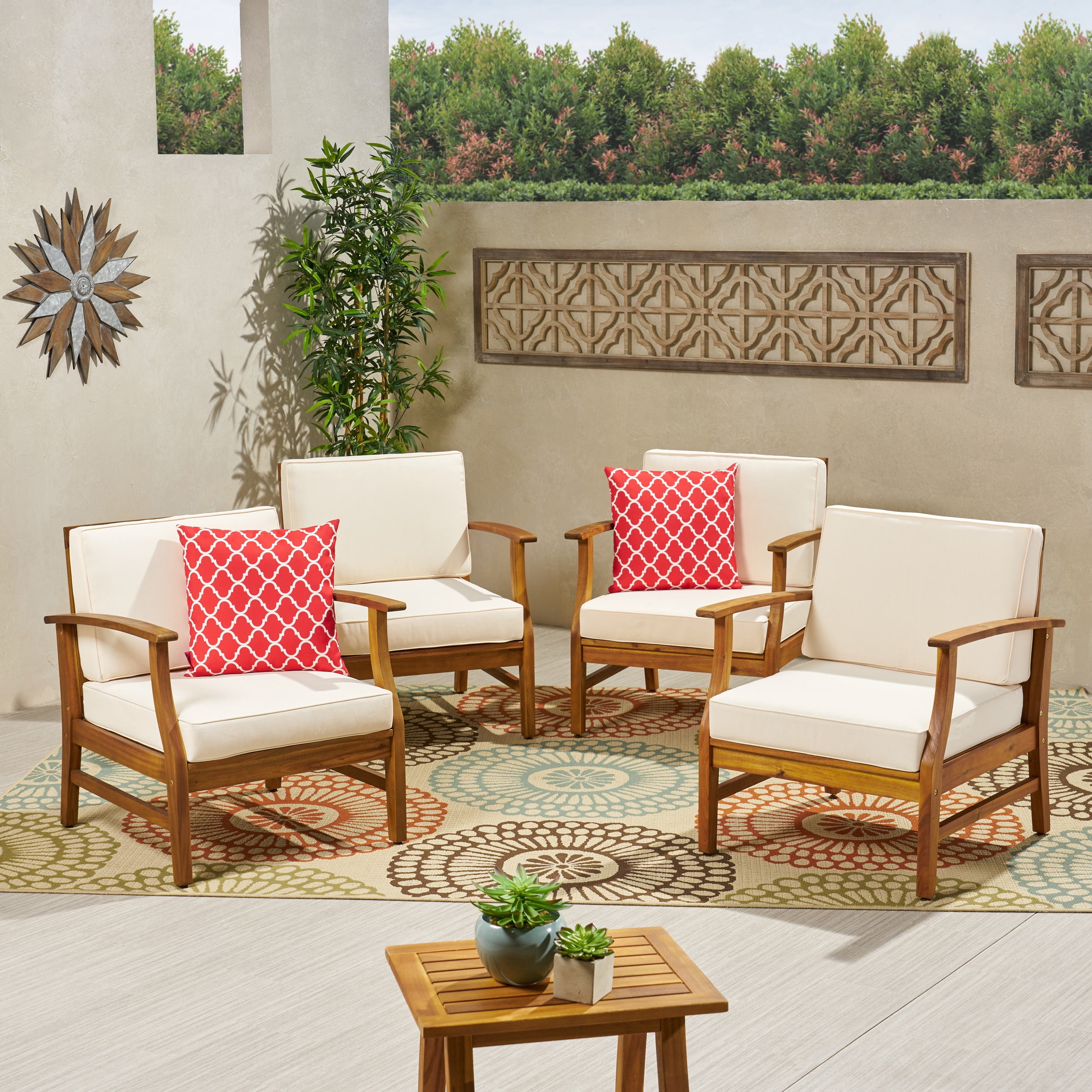 Angel Outdoor Teak Finished Acacia Wood Club Chairs with Cushions Cream. Walmart