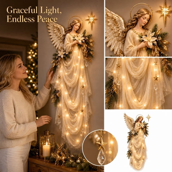 Angel Wall Hanging Decor with Cascading String Lights, Iron Angel Wall Art, White and Gold Angel Ornament for Home Holiday Decor